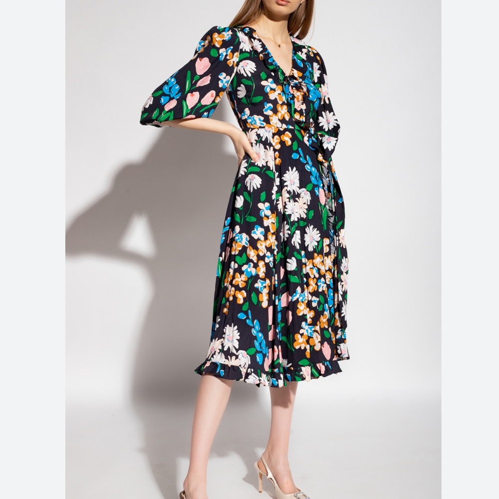 Kate Spade Meadow Floral Wrap Midi Dress XS Preppy Viscose Three Quarter Sleeve